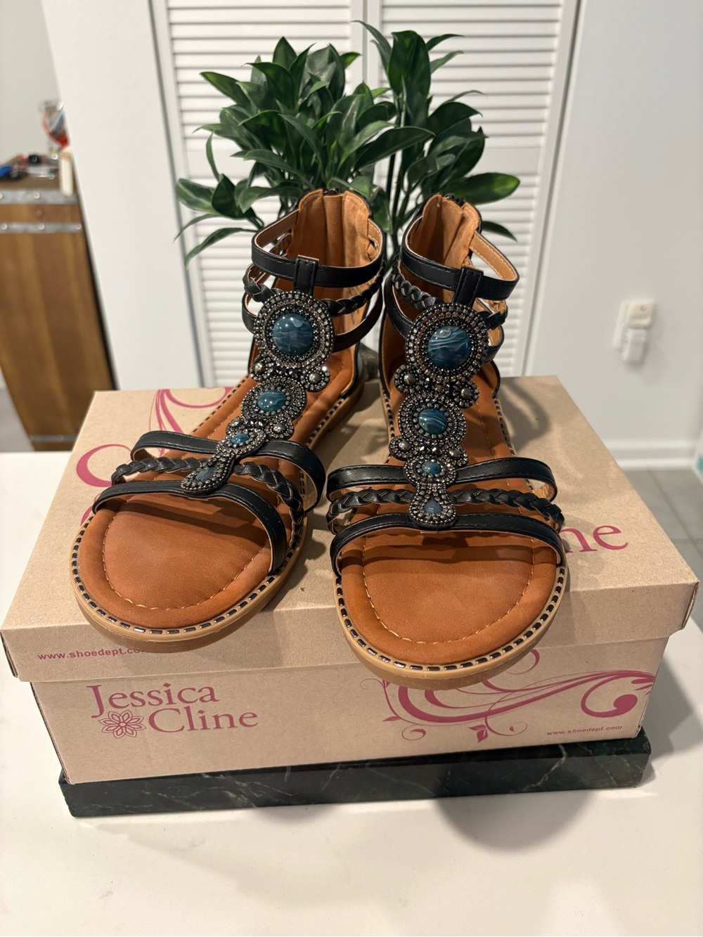 Beaded Black T-Strap Gladiator Sandals by Jessica Cline Size 9